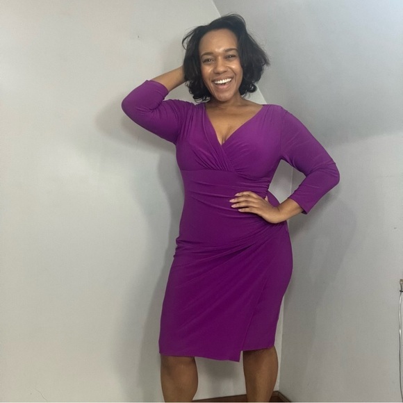 Lauren Ralph Lauren Purple Stretchy Midi Dress Faux Wrap Career Office Siren - Picture 12 of 15